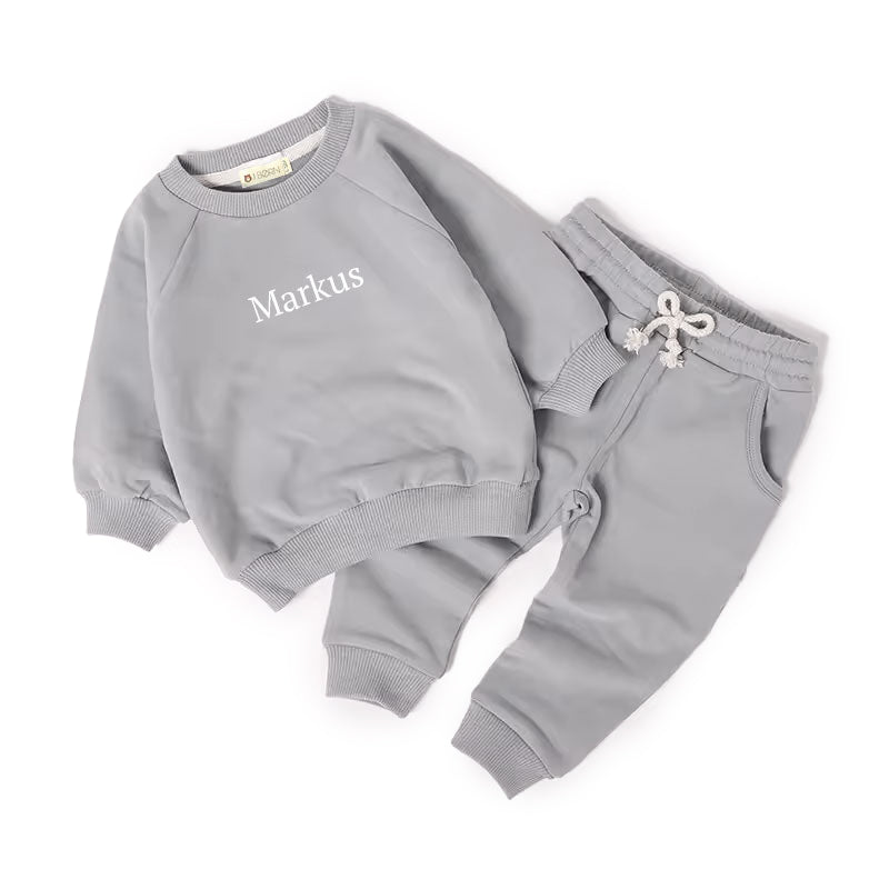 Greige JBØRN Organic Cotton Baby Tracksuit | Sweater & Joggers Set | Personalisable by Just Børn sold by Just Børn