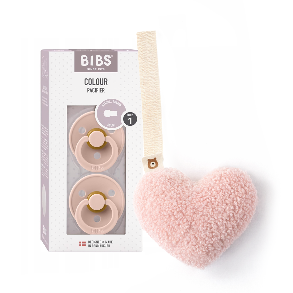 JBØRN x BIBS Latex Round Pacifier Duo & Personalised Plush Holder Set Heart Set | Blush - Personalisable Baby Products Sold and Personalised by JustBørn