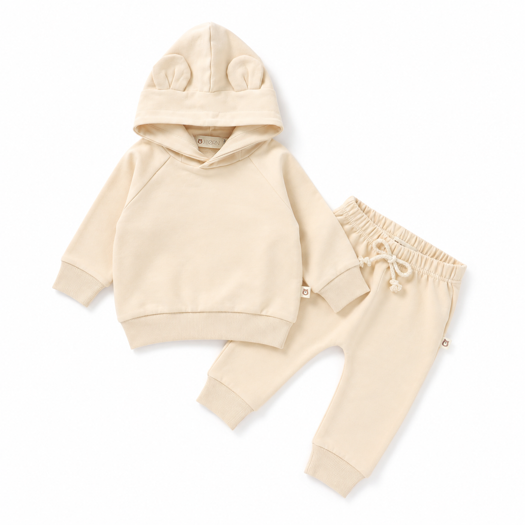 JBØRN Organic Cotton Baby Teddy Ears Hoodie & Joggers Set Hoodie & Jogger Set | Cream - Personalisable Baby Products Sold and Personalised by JustBørn