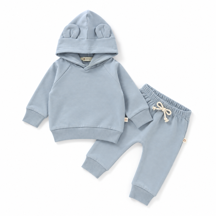 JBØRN Organic Cotton Baby Teddy Ears Hoodie & Joggers Set Hoodie & Jogger Set | Stone Blue - Personalisable Baby Products Sold and Personalised by JustBørn