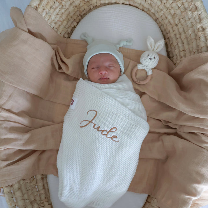 JBØRN Knitted Baby Blanket & Bunny Rattle Set - Personalisable Baby Products Sold and Personalised by JustBørn