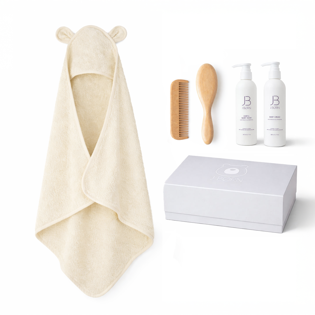 JBØRN Baby Bath Gift Set | Towel, Brush Set & Skincare Ivory Baby Bath Gift Set - Personalisable Baby Products Sold and Personalised by JustBørn