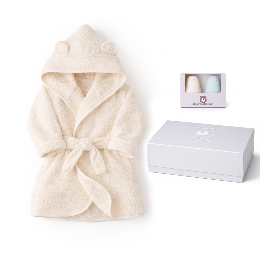 JBØRN Baby Gift Set | Organic Cotton Baby Bathrobe & Bath Toys Ivory Bathrobe & Bath Toys Gift Set - Personalisable Baby Products Sold and Personalised by JustBørn