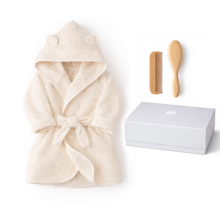 JBØRN Baby Bath Set | Organic Cotton Bathrobe & Hairbrush Set Ivory Bathrobe & Hairbrush Gift Set - Personalisable Baby Products Sold and Personalised by JustBørn