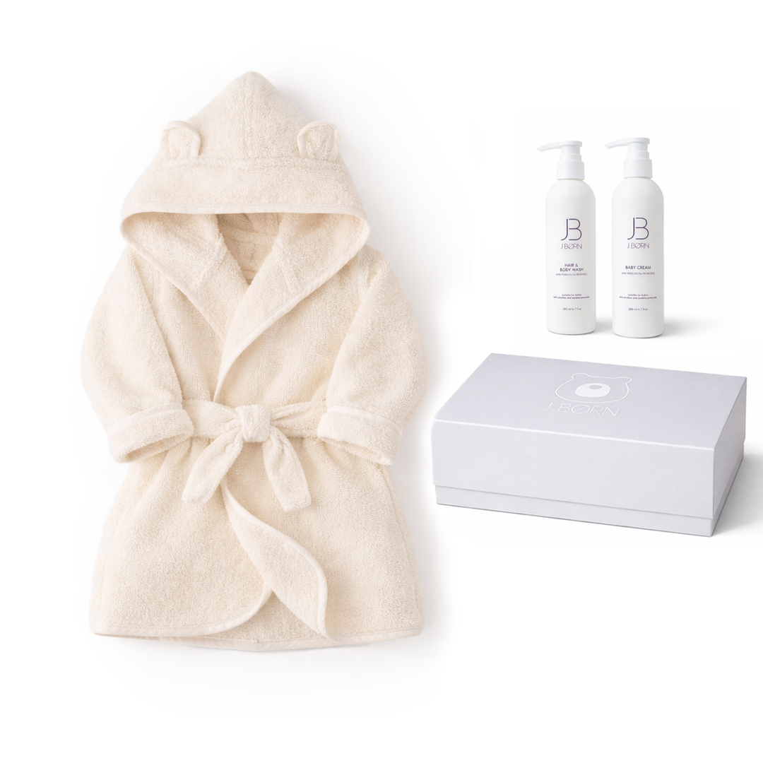 JBØRN Baby Bathrobe & Skincare Gift Set Ivory Bathrobe & Skincare Gift Set - Personalisable Baby Products Sold and Personalised by JustBørn