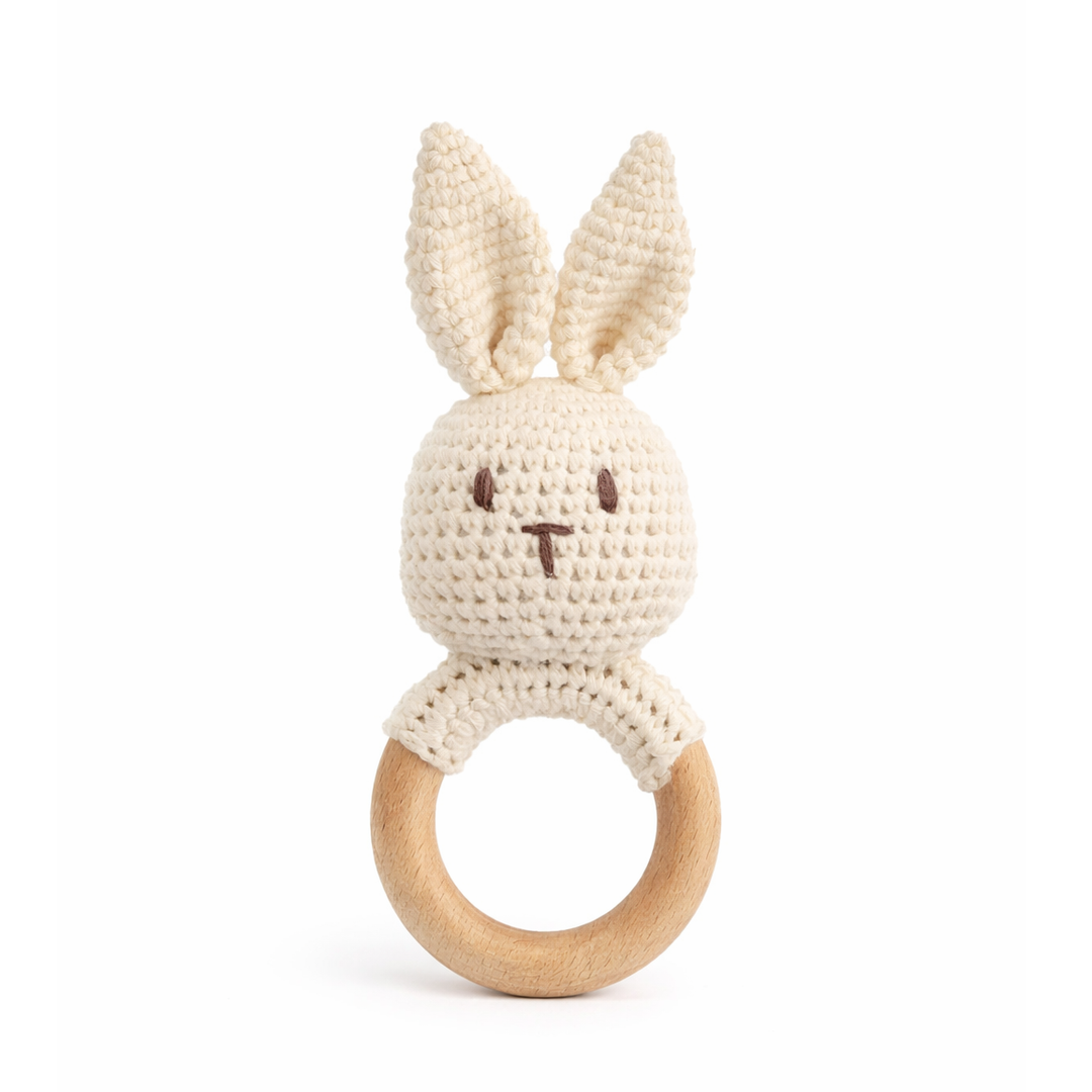 JBØRN Crochet Bunny Rattle Toy Ivory Crochet Bunny - Personalisable Baby Products Sold and Personalised by JustBørn