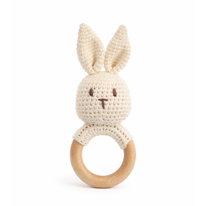 JBØRN Crochet Bunny Rattle Toy Ivory Crochet Bunny - Personalisable Baby Products Sold and Personalised by JustBørn