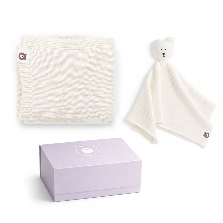 JBØRN Knitted Blanket & Comforter Gift Set Ivory Knitted Blankets Gift Set - Personalisable Baby Products Sold and Personalised by JustBørn