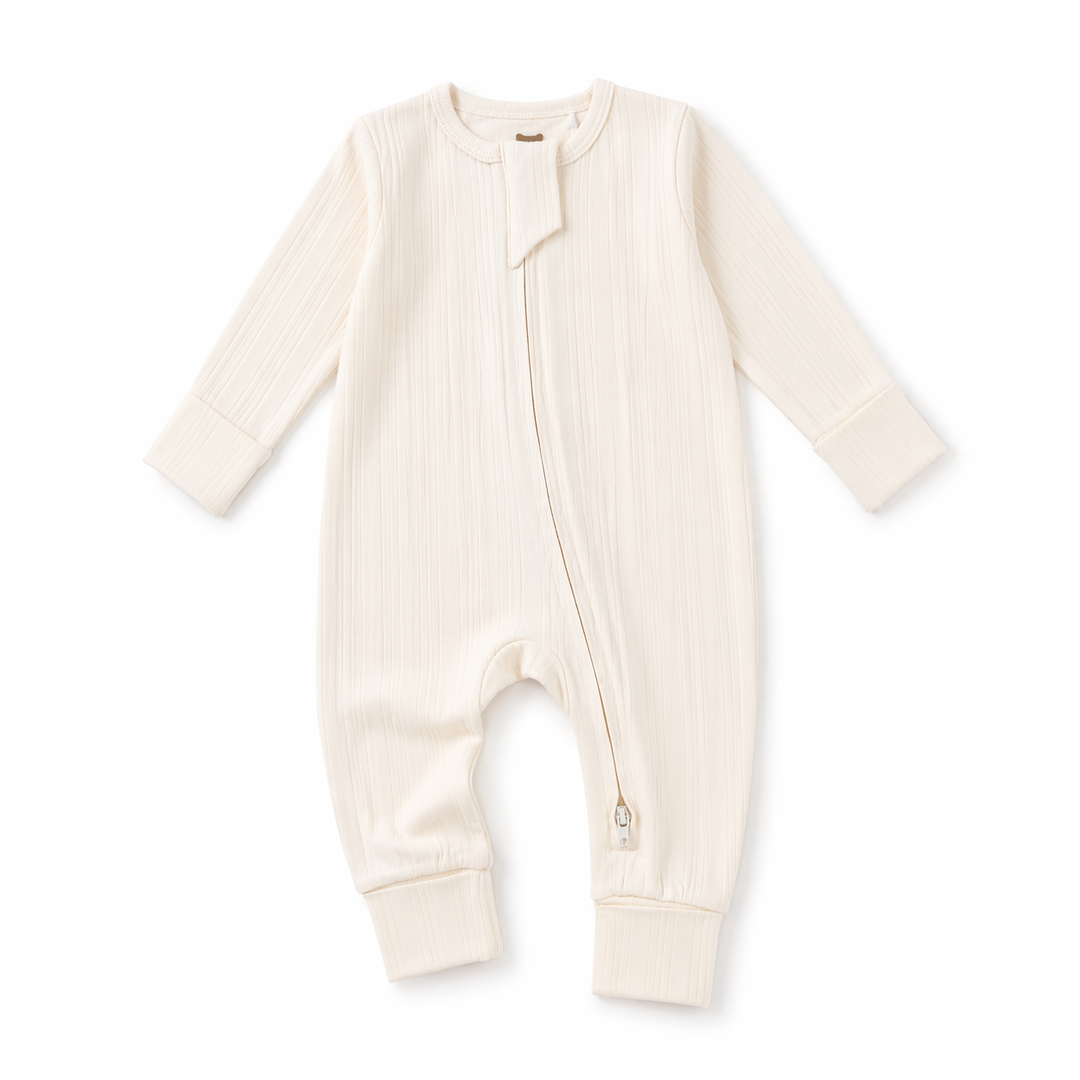 JBØRN Ribbed Bamboo Sleepsuit | 6–12M Ivory Sleepsuit - Personalisable Baby Products Sold and Personalised by JustBørn