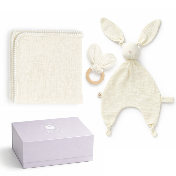 JBØRN Muslin Blanket, Comforter & Teether Set | Organic Cotton Baby Swaddle Ivory Swaddle & Comforter Gift Set - Personalisable Baby Products Sold and Personalised by JustBørn