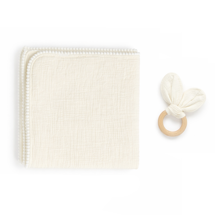 JBØRN Muslin Blanket & Wooden Teether Set | Organic Cotton Baby Swaddle Ivory Swaddle Set - Personalisable Baby Products Sold and Personalised by JustBørn