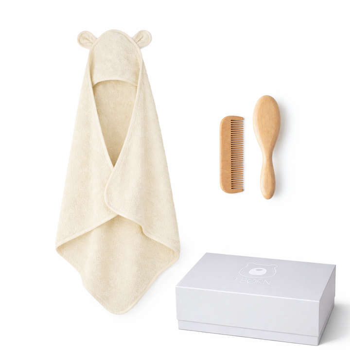 JBØRN Baby Gift Set | Organic Cotton Towel & Hair Brush Set Ivory - Personalisable Baby Products Sold and Personalised by JustBørn