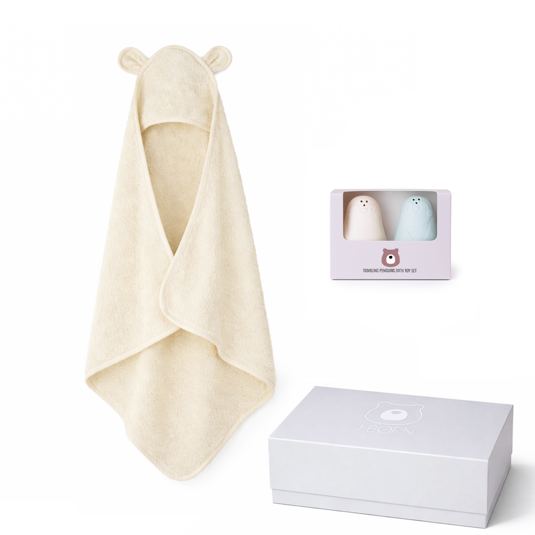 JBØRN Organic Cotton Baby Hooded Towel & Bath Toys Gift Set Ivory & Seafoam Set - Personalisable Baby Products Sold and Personalised by JustBørn