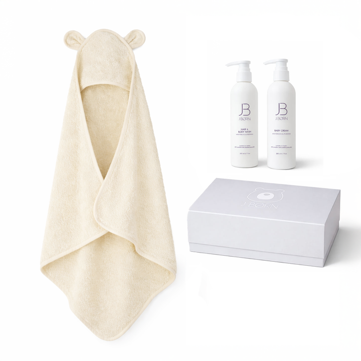 JBØRN Organic Cotton Towel & Skincare Gift Set Ivory Towel & Skincare Set - Personalisable Baby Products Sold and Personalised by JustBørn