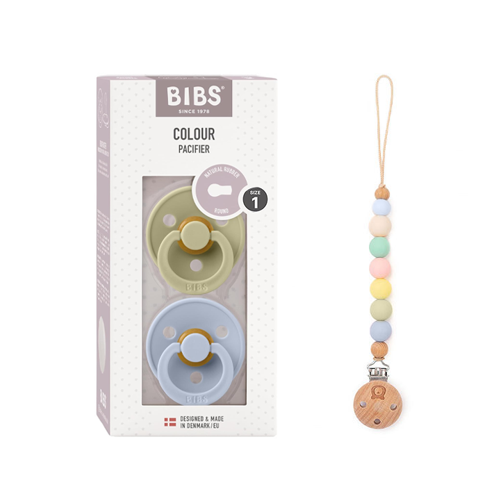 Pack of 2 BIBS Colour Latex Pacifiers & Rainbow Pacifier Clip | 0-6 Months | Size 1 Khaki Dusty Blue & Rainbow Clip Size 1 (0-6 months) - Personalisable Baby Products Sold and Personalised by JustBørn