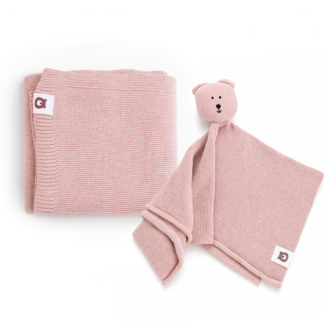 JBØRN Knitted Blanket & Comforter Gift Set Knitted Blanket & Bear Comforter | Blush - Personalisable Baby Products Sold and Personalised by JustBørn