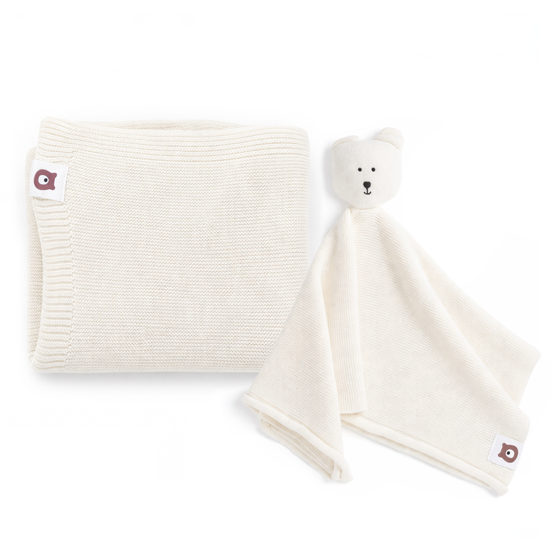 JBØRN Knitted Blanket & Comforter Gift Set Knitted Blanket & Bear Comforter | Ivory - Personalisable Baby Products Sold and Personalised by JustBørn