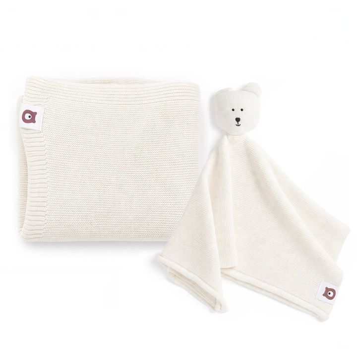 JBØRN Knitted Blanket & Comforter Gift Set Knitted Blanket & Bear Comforter | Ivory - Personalisable Baby Products Sold and Personalised by JustBørn