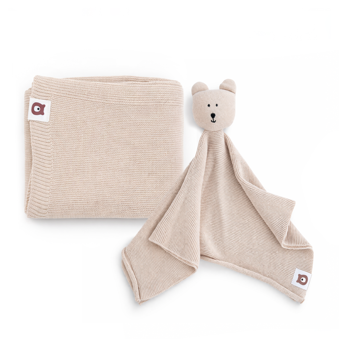 JBØRN Knitted Blanket & Comforter Gift Set Knitted Blanket & Bear Comforter | Vanilla - Personalisable Baby Products Sold and Personalised by JustBørn