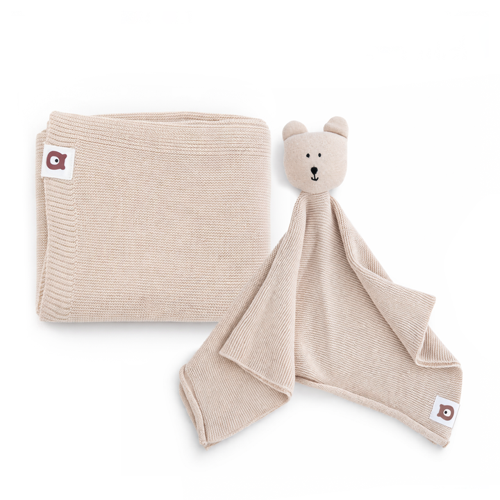 JBØRN Knitted Blanket & Comforter Gift Set Knitted Blanket & Bear Comforter | Vanilla - Personalisable Baby Products Sold and Personalised by JustBørn