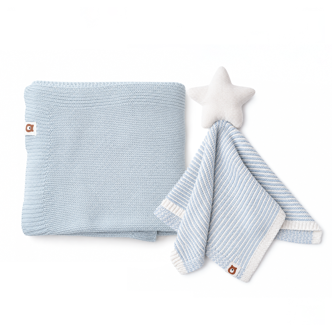 JBØRN Knitted Blanket & Star Comforter Set Knitted Blankets Set | Powder Blue - Personalisable Baby Products Sold and Personalised by JustBørn