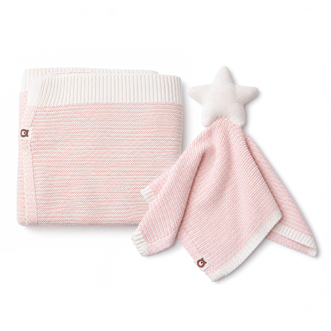 JBØRN Knitted Blanket & Star Comforter Set Knitted Blankets Set | Stripe Blossom - Personalisable Baby Products Sold and Personalised by JustBørn