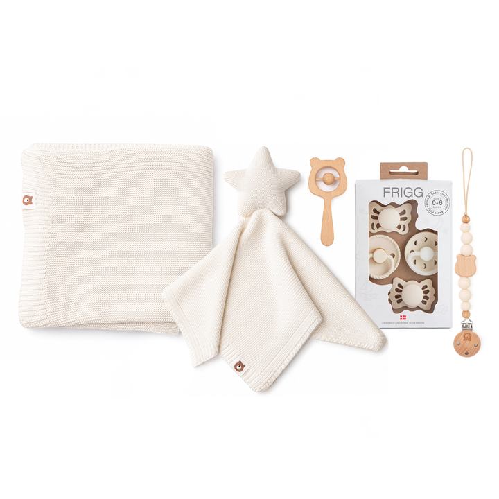 JBØRN Newborn Baby Gift Set | Knitted Blanket, Comforter & FRIGG Pacifiers Knitted Newborn Gift Set | Ivory - Personalisable Baby Products Sold and Personalised by JustBørn
