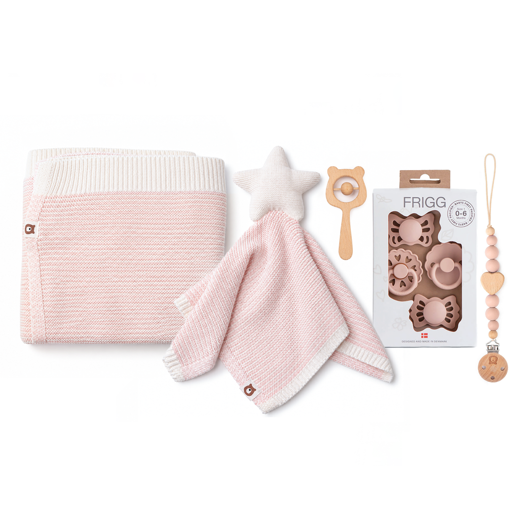 JBØRN Newborn Baby Gift Set | Knitted Blanket, Comforter & FRIGG Pacifiers Knitted Newborn Gift Set | Stripe Blossom - Personalisable Baby Products Sold and Personalised by JustBørn