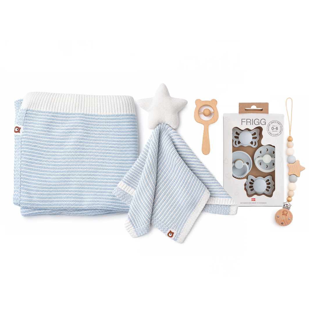JBØRN Newborn Baby Gift Set | Knitted Blanket, Comforter & FRIGG Pacifiers Knitted Newborn Gift Set | Stripe Powder Blue - Personalisable Baby Products Sold and Personalised by JustBørn