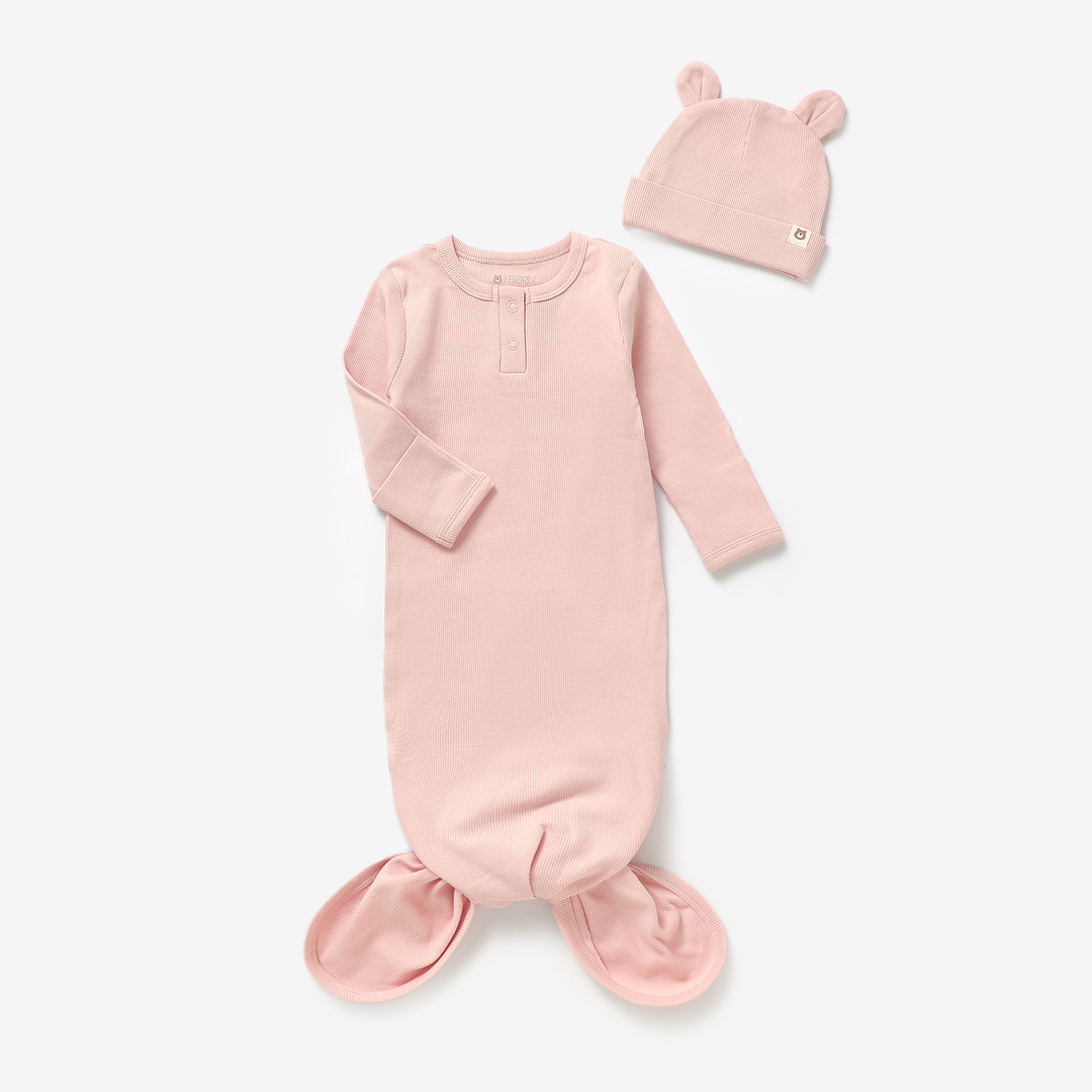 JBØRN Organic Cotton Knotted Baby Sleeping Gown & Hat Knotted Gown | Blush - Personalisable Baby Products Sold and Personalised by JustBørn