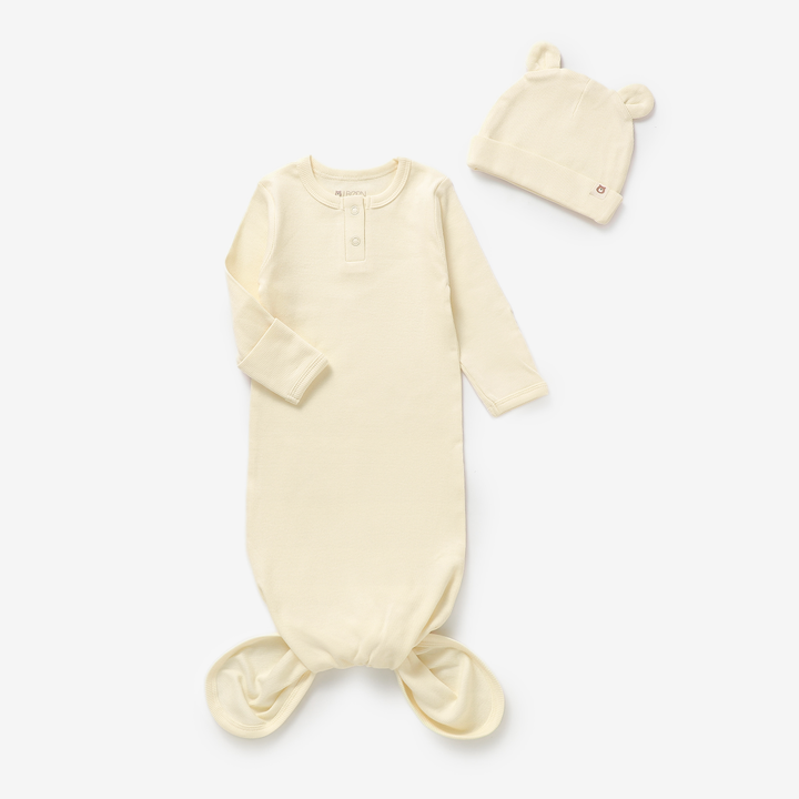 JBØRN Organic Cotton Knotted Baby Sleeping Gown & Hat Knotted Gown | Pale Daffodil - Personalisable Baby Products Sold and Personalised by JustBørn