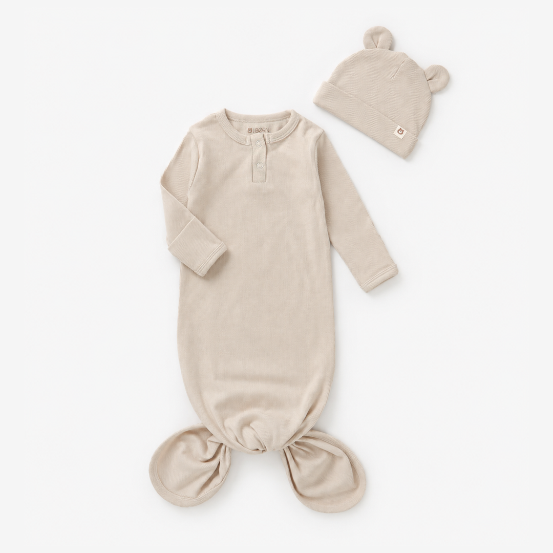 JBØRN Organic Cotton Knotted Baby Sleeping Gown & Hat Knotted Gown | Sandstone - Personalisable Baby Products Sold and Personalised by JustBørn