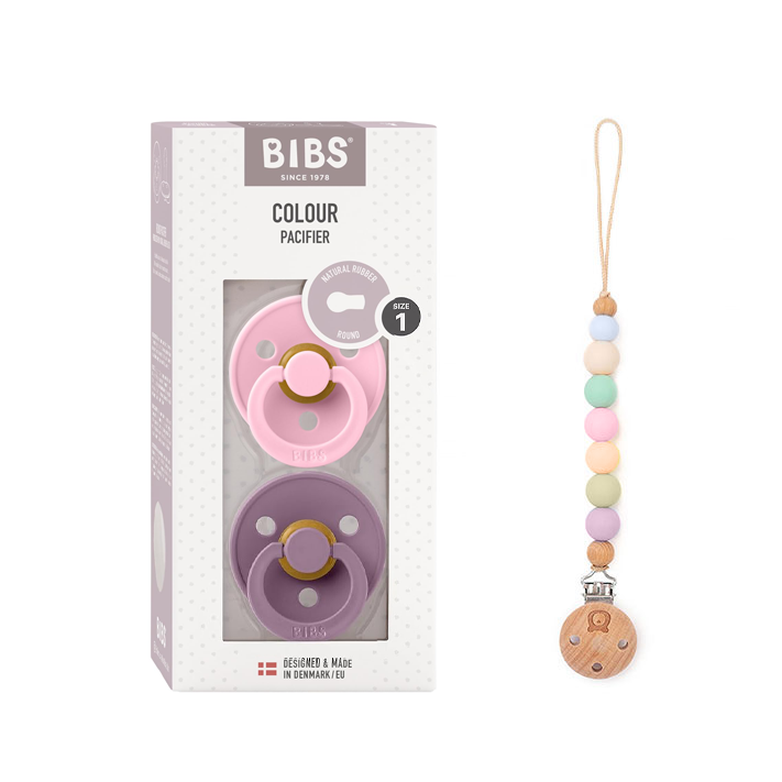 Pack of 2 BIBS Colour Latex Pacifiers & Rainbow Pacifier Clip | 0-6 Months | Size 1 Lavender Baby Pink & Rainbow Clip Size 1 (0-6 months) - Personalisable Baby Products Sold and Personalised by JustBørn