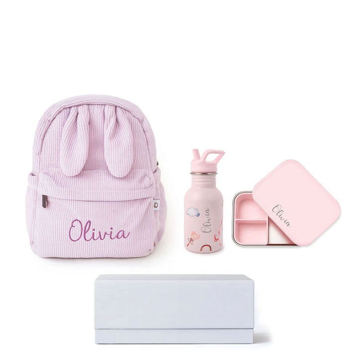 JBØRN Personalised Backpack, Water Bottle & Lunch Box Set Pink Add Gift Box - Personalisable Baby Products Sold and Personalised by JustBørn