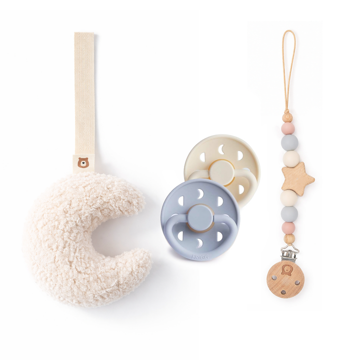 FRIGG Moon Pacifiers & Holders Set Moon Cream & Powder Blue Bundle Set - Personalisable Baby Products Sold and Personalised by JustBørn