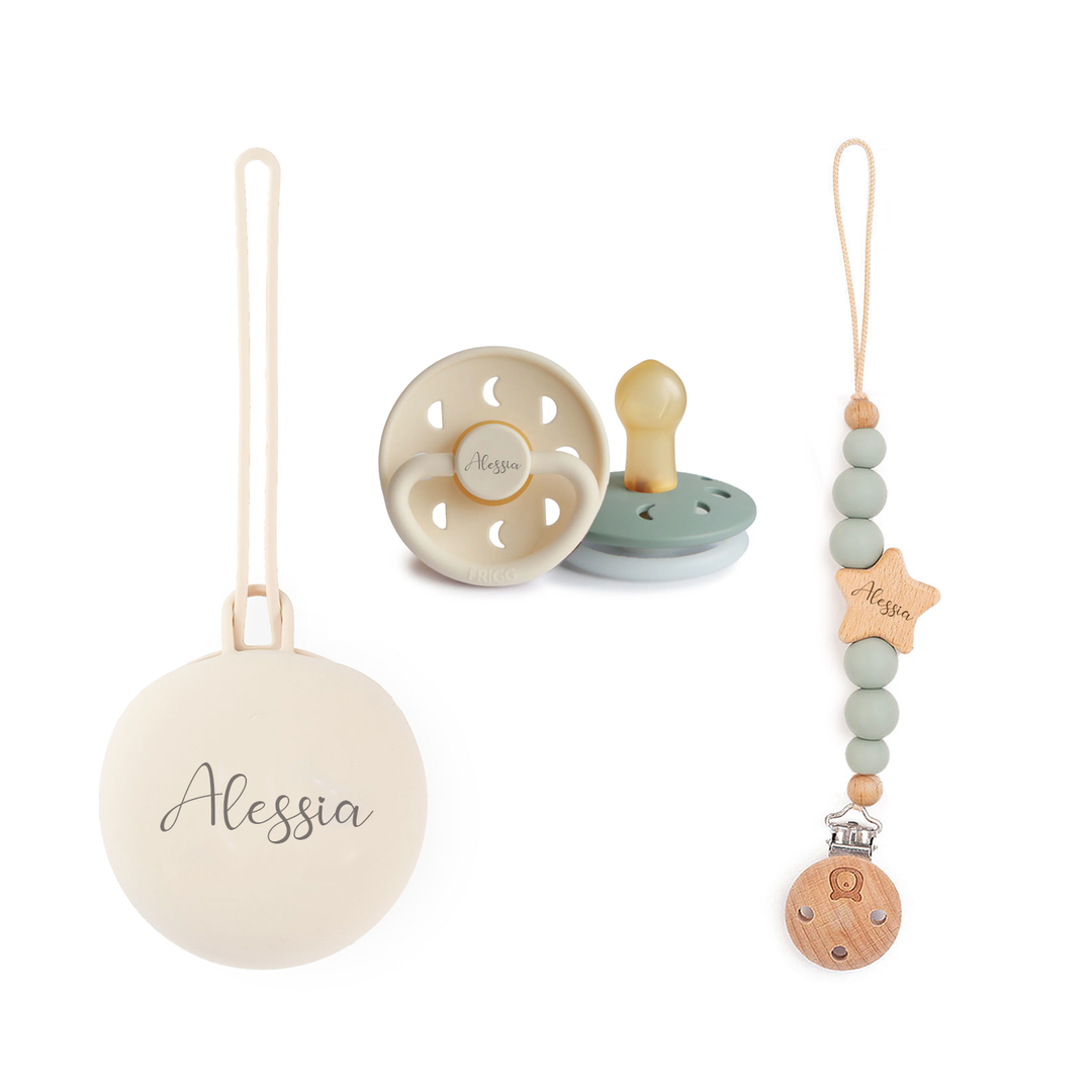 FRIGG Moon Pacifiers & Personalised Holders Set | Glow in the dark Soother Size 2 (6-18m) - Personalisable Baby Products Sold and Personalised by JustBørn