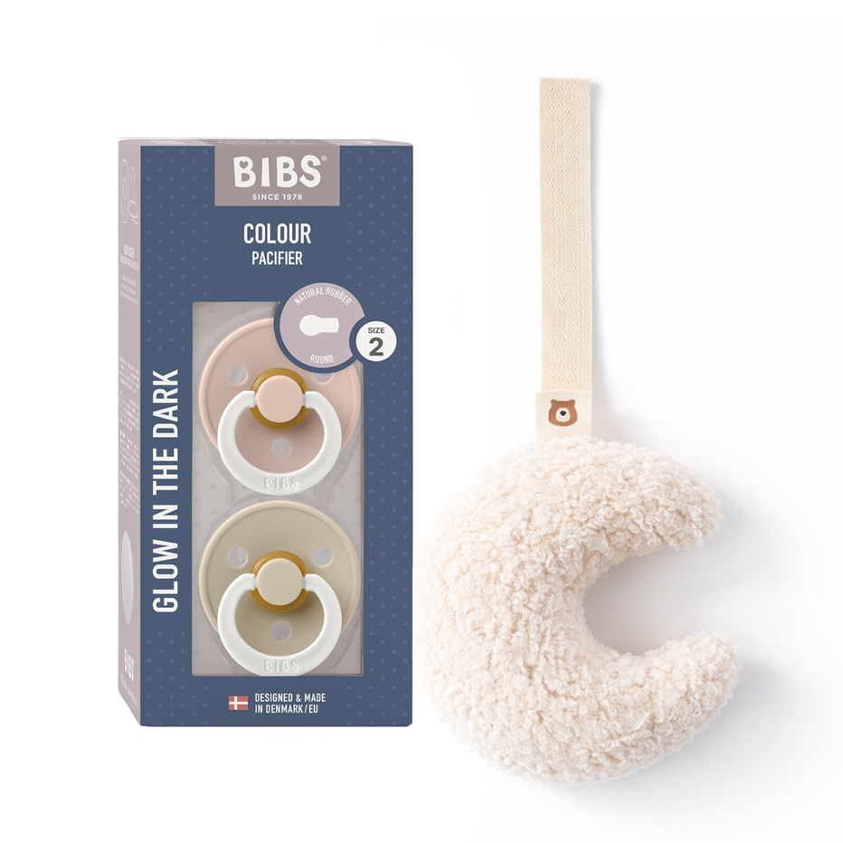 JBØRN x BIBS Latex Round Pacifier Duo & Personalised Plush Holder Set Moon Set | Blush & Vanilla Night Glow - Personalisable Baby Products Sold and Personalised by JustBørn