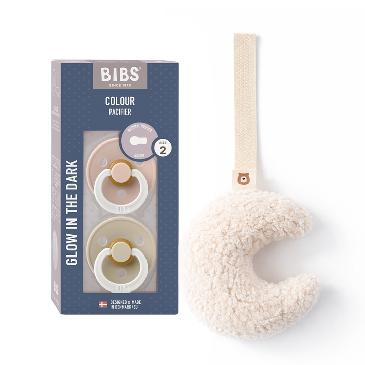JBØRN x BIBS Latex Round Pacifier Duo & Personalised Plush Holder Set Moon Set | Blush & Vanilla Night Glow - Personalisable Baby Products Sold and Personalised by JustBørn