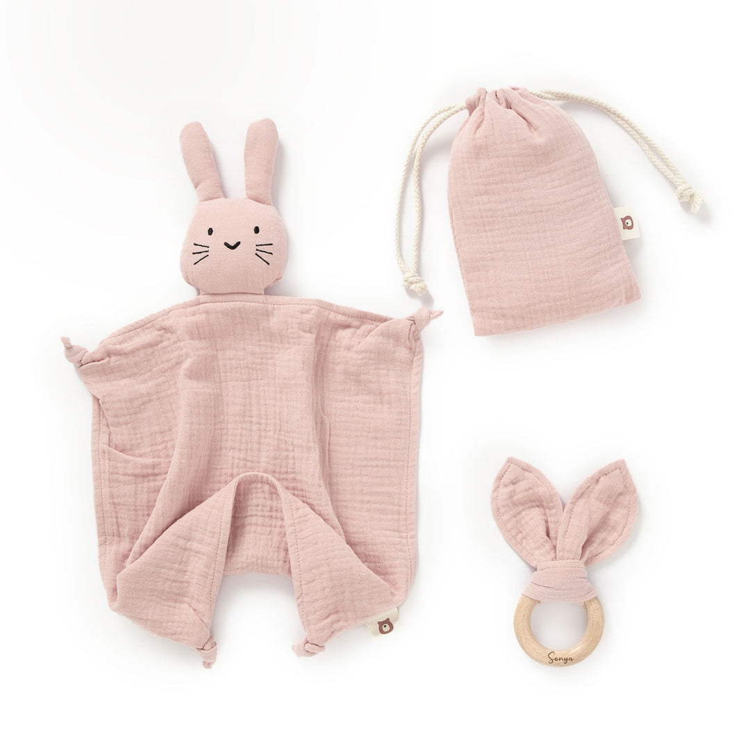 JBØRN Organic Cotton Bunny Comforter & Teether Set Blush Muslin - Personalisable Baby Products Sold and Personalised by JustBørn