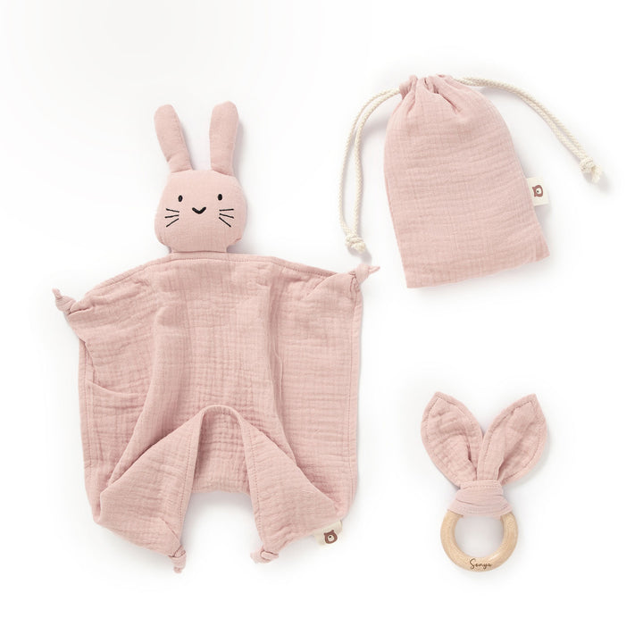 JBØRN Organic Cotton Bunny Comforter & Teether Set Blush Muslin - Personalisable Baby Products Sold and Personalised by JustBørn