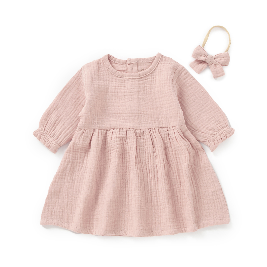 JBØRN Organic Cotton Muslin Baby Girl Dress and Bow Muslin Dress | Blush - Personalisable Baby Products Sold and Personalised by JustBørn