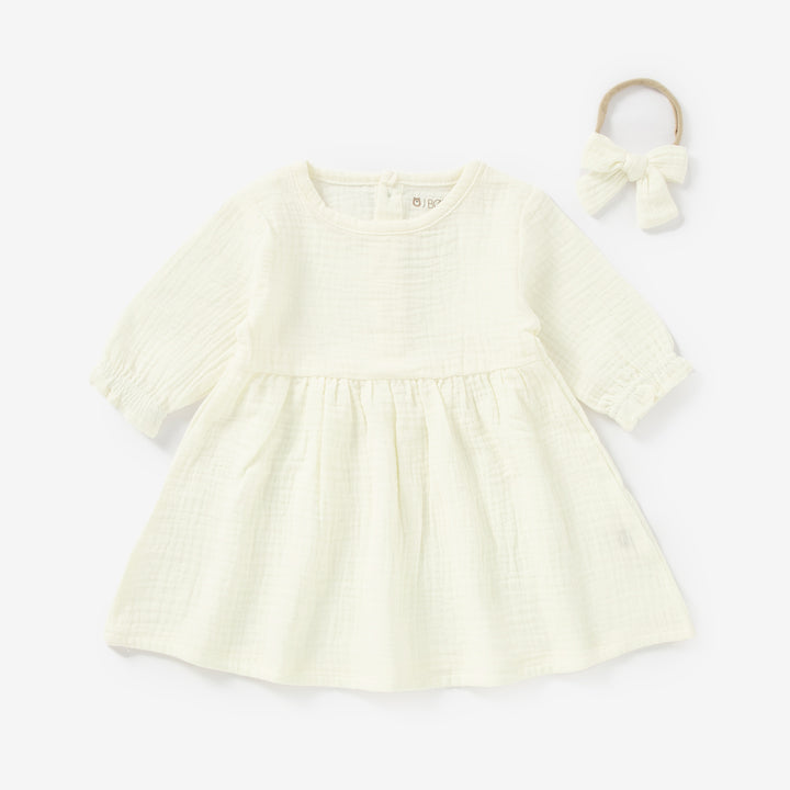 Ivory Muslin JBØRN Organic Cotton Muslin Baby Girl Dress and Bow by Just Børn sold by Just Børn