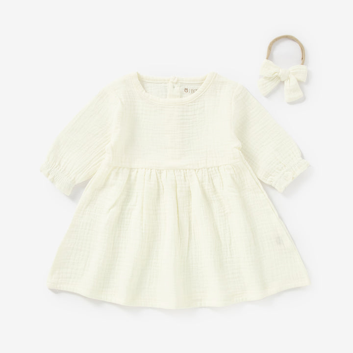 JBØRN Organic Cotton Muslin Baby Girl Dress and Bow Ivory Muslin - Personalisable Baby Products Sold and Personalised by JustBørn