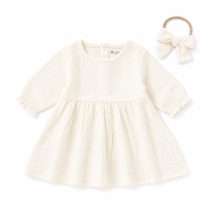 JBØRN Organic Cotton Muslin Baby Girl Dress and Bow Muslin Dress | Ivory - Personalisable Baby Products Sold and Personalised by JustBørn