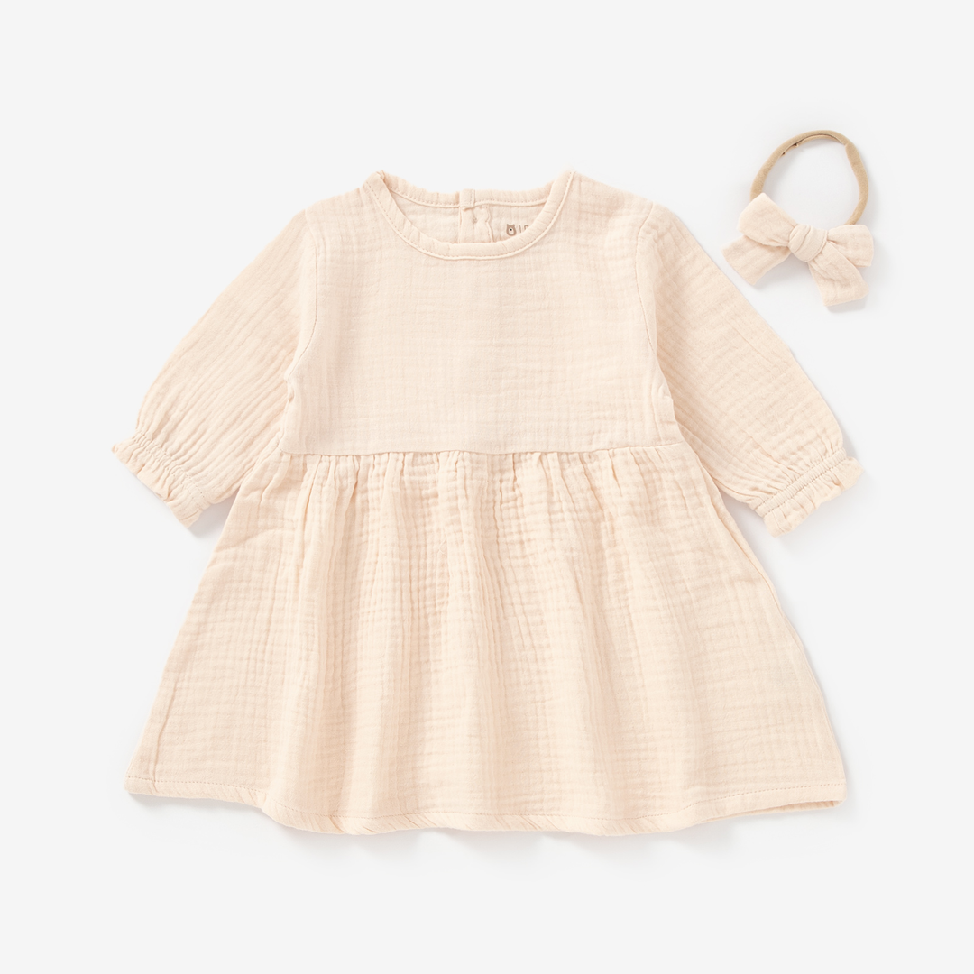 JBØRN Organic Cotton Muslin Baby Girl Dress and Bow Muslin Dress | Pink Cream - Personalisable Baby Products Sold and Personalised by JustBørn