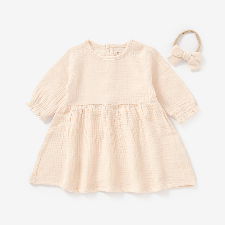 JBØRN Organic Cotton Muslin Baby Girl Dress and Bow Muslin Dress | Pink Cream - Personalisable Baby Products Sold and Personalised by JustBørn