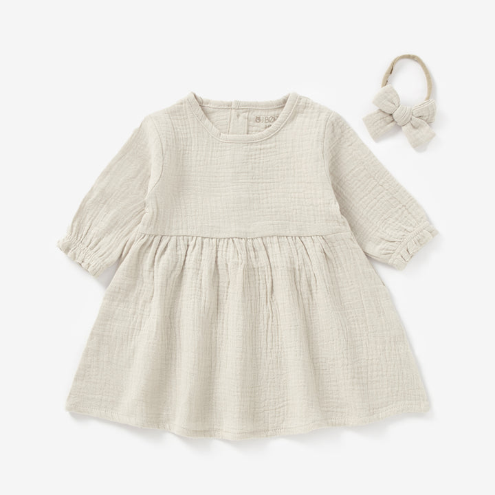 Sandstone Muslin JBØRN Organic Cotton Muslin Baby Girl Dress and Bow by Just Børn sold by Just Børn
