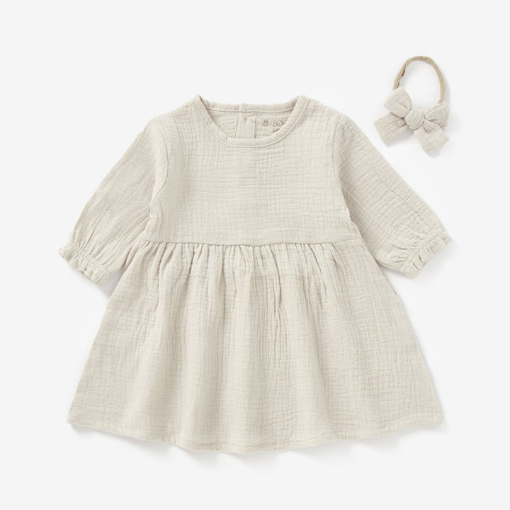 JBØRN Organic Cotton Muslin Baby Girl Dress and Bow Sandstone Muslin - Personalisable Baby Products Sold and Personalised by JustBørn