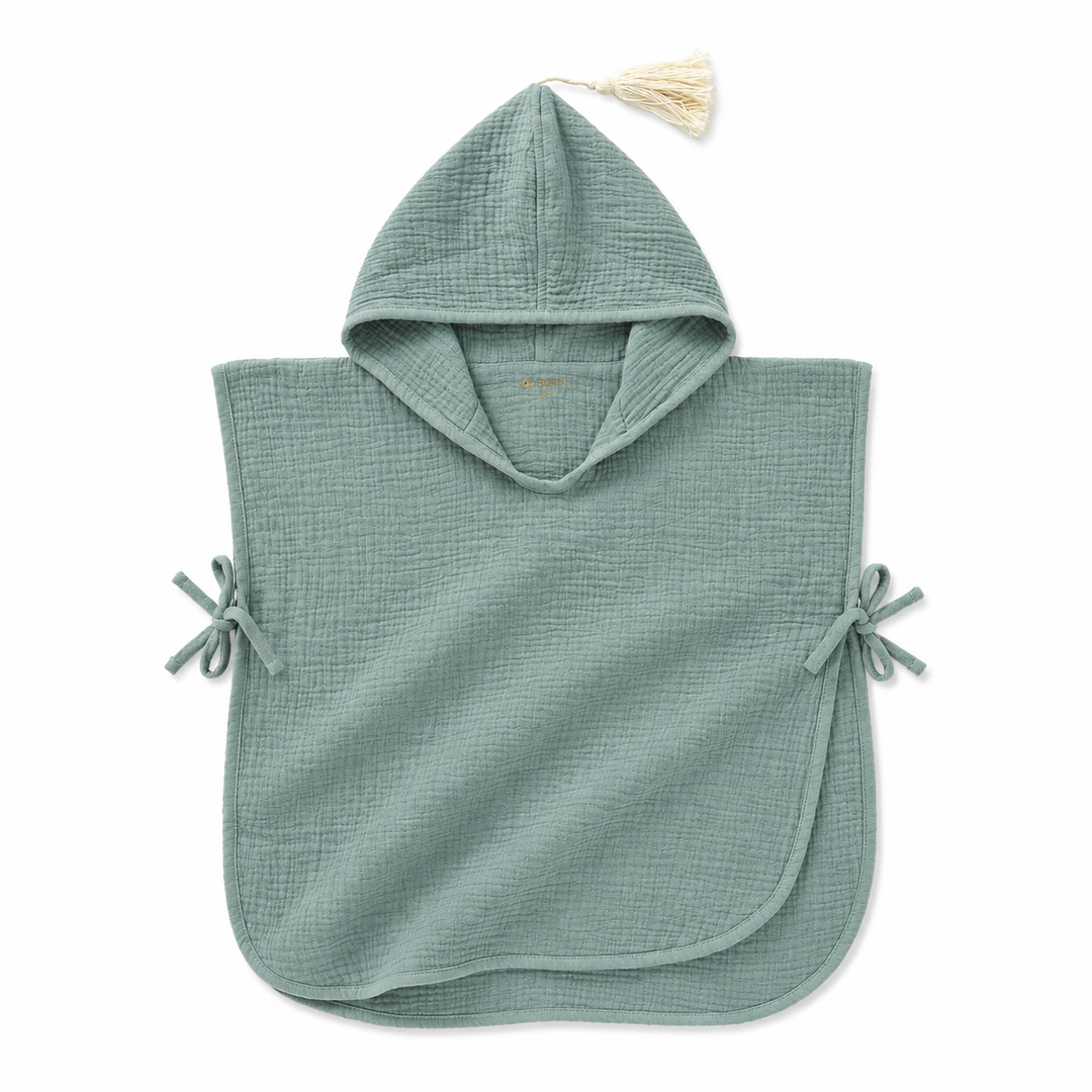 JBØRN Organic Cotton Muslin Hooded Poncho Muslin Poncho | Dried Sage - Personalisable Baby Products Sold and Personalised by JustBørn