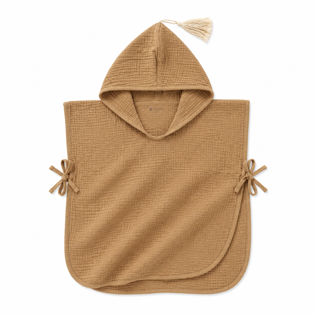 JBØRN Organic Cotton Muslin Hooded Poncho Muslin Poncho | Mocha - Personalisable Baby Products Sold and Personalised by JustBørn